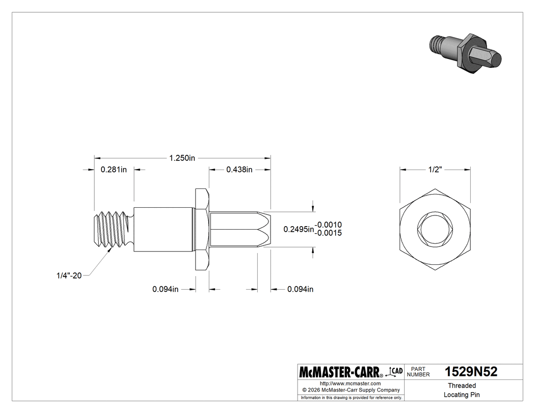 Technical Drawing of Threaded Locating Pin, 1/4" Diameter x 7/16" High Diamond Head, 1/4"-20 Thread.